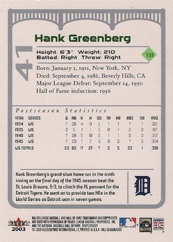 2003 Fleer Fall Classic #41 Hank Greenberg Back