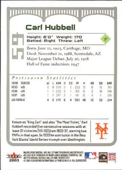 2003 Fleer Fall Classic #59 Carl Hubbell Back