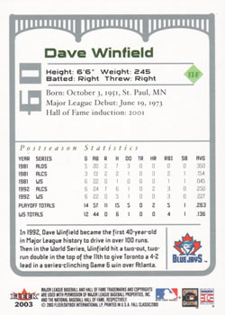 2003 Fleer Fall Classic #60 Dave Winfield Back