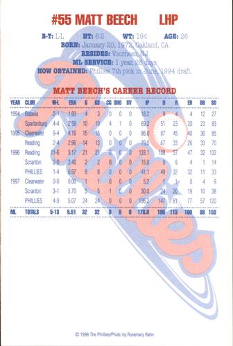 1998 Philadelphia Phillies Photocards #NNO Matt Beech Back