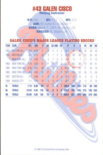 1998 Philadelphia Phillies Photocards #NNO Galen Cisco Back