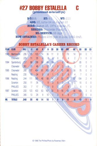 1998 Philadelphia Phillies Photocards #NNO Bobby Estalella Back