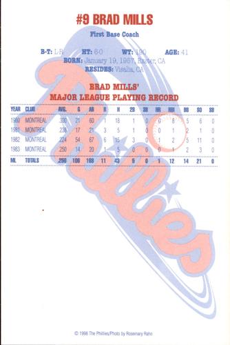 1998 Philadelphia Phillies Photocards #NNO Brad Mills Back