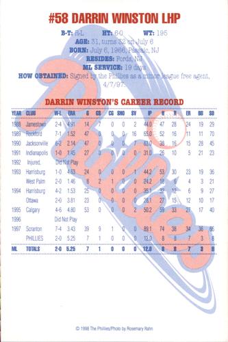 1998 Philadelphia Phillies Photocards #NNO Darrin Winston Back