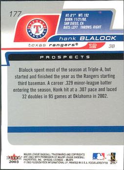2003 Fleer Focus Jersey Edition #177 Hank Blalock Back