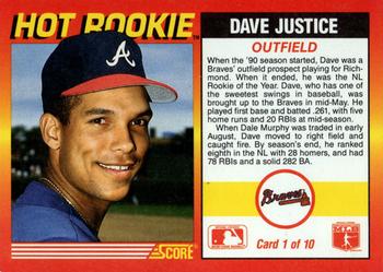 1991 Score - Hot Rookies #1 Dave Justice Back