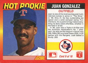 1991 Score - Hot Rookies #9 Juan Gonzalez Back