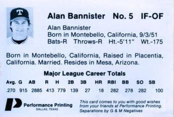 1985 Performance Printing Texas Rangers #NNO Alan Bannister Back