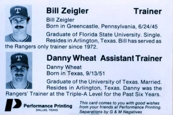1985 Performance Printing Texas Rangers #NNO Bill Ziegler / Danny Wheat Back