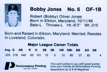 1985 Performance Printing Texas Rangers #NNO Bobby Jones Back