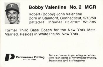 1985 Performance Printing Texas Rangers #NNO Bobby Valentine Back
