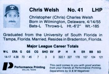 1985 Performance Printing Texas Rangers #NNO Chris Welsh Back