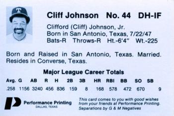 1985 Performance Printing Texas Rangers #NNO Cliff Johnson Back