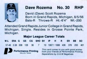 1985 Performance Printing Texas Rangers #NNO Dave Rozema Back