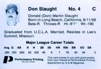 1985 Performance Printing Texas Rangers #NNO Don Slaught Back