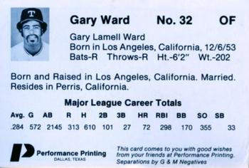 1985 Performance Printing Texas Rangers #NNO Gary Ward Back