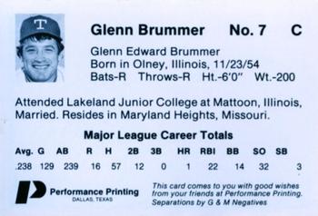 1985 Performance Printing Texas Rangers #NNO Glenn Brummer Back