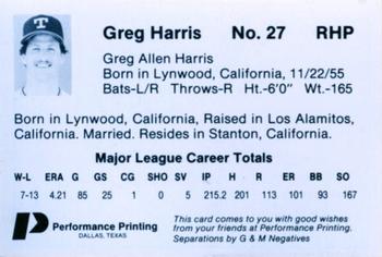 1985 Performance Printing Texas Rangers #NNO Greg Harris Back