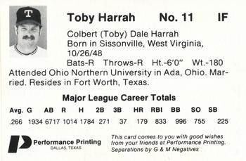 1985 Performance Printing Texas Rangers #NNO Toby Harrah Back