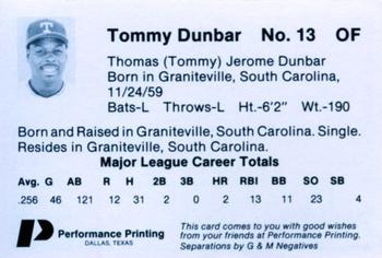 1985 Performance Printing Texas Rangers #NNO Tommy Dunbar Back