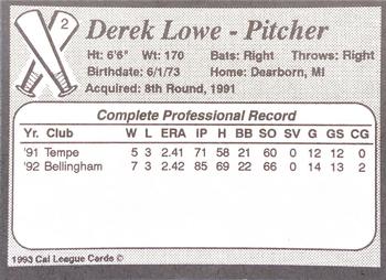 1993 Cal League Riverside Pilots #2 Derek Lowe Back
