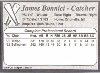 1993 Cal League Riverside Pilots #4 James Bonnici Back