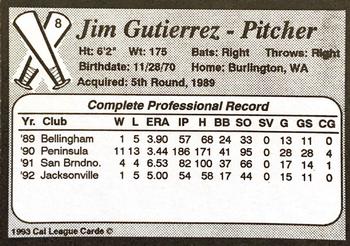 1993 Cal League Riverside Pilots #8 Jim Gutierrez Back