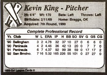 1993 Cal League Riverside Pilots #9 Kevin King Back