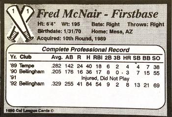1993 Cal League Riverside Pilots #11 Fred McNair Back