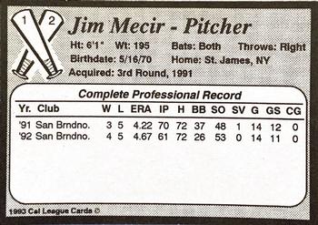1993 Cal League Riverside Pilots #12 Jim Mecir Back