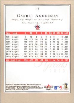 2003 Fleer Rookies & Greats #15 Garret Anderson Back