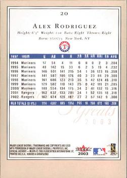 2003 Fleer Rookies & Greats #20 Alex Rodriguez Back