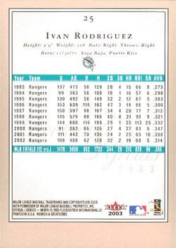 2003 Fleer Rookies & Greats #25 Ivan Rodriguez Back