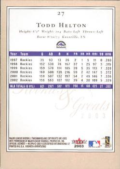 2003 Fleer Rookies & Greats #27 Todd Helton Back
