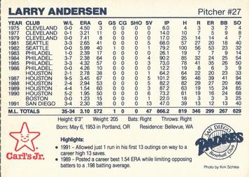1992 Carl's Jr.  San Diego Padres #NNO Larry Andersen Back
