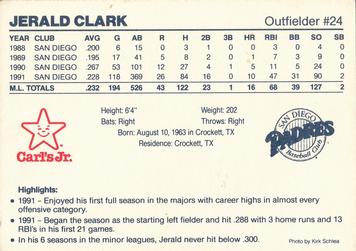 1992 Carl's Jr.  San Diego Padres #NNO Jerald Clark Back