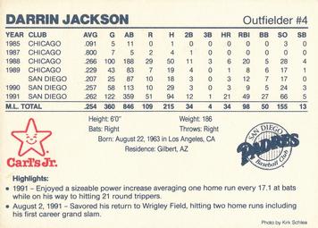 1992 Carl's Jr.  San Diego Padres #NNO Darrin Jackson Back