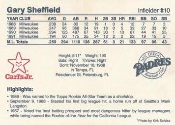 1992 Carl's Jr.  San Diego Padres #NNO Gary Sheffield Back