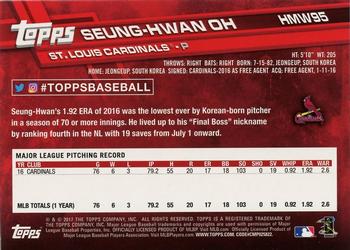 2017 Topps Holiday #HMW95 Seung-Hwan Oh Back