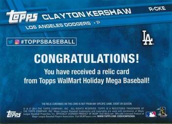 2017 Topps Holiday - Relics #R-CKE Clayton Kershaw Back
