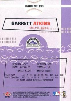 2003 Fleer Splendid Splinters #138 Garrett Atkins Back