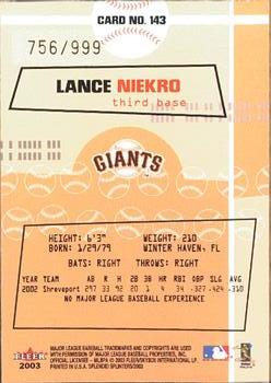 2003 Fleer Splendid Splinters #143 Lance Niekro Back