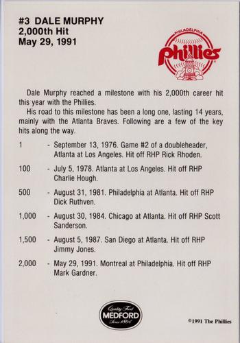 1991 Medford Philadelphia Phillies Update #NNO Dale Murphy Back