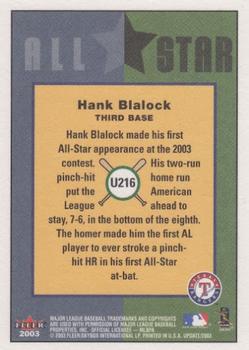 2003 Fleer Tradition Update #U216 Hank Blalock Back