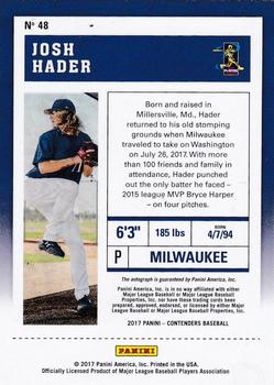 2017 Panini Chronicles - Contenders Rookie Ticket #48 Josh Hader Back