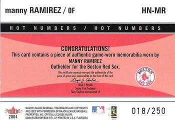 2004 Flair - Hot Numbers Game Used Blue #HN-MR Manny Ramirez Back