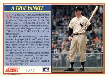 1991 Score - Mickey Mantle #6 A True Yankee Back