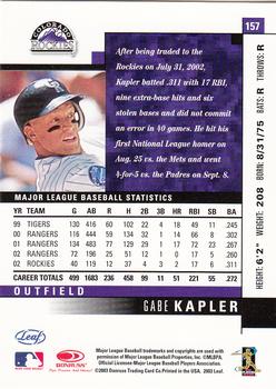 2003 Leaf #157 Gabe Kapler Back