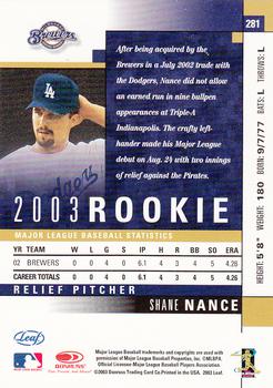 2003 Leaf #281 Shane Nance Back