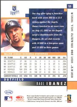 2003 Leaf #53 Raul Ibanez Back